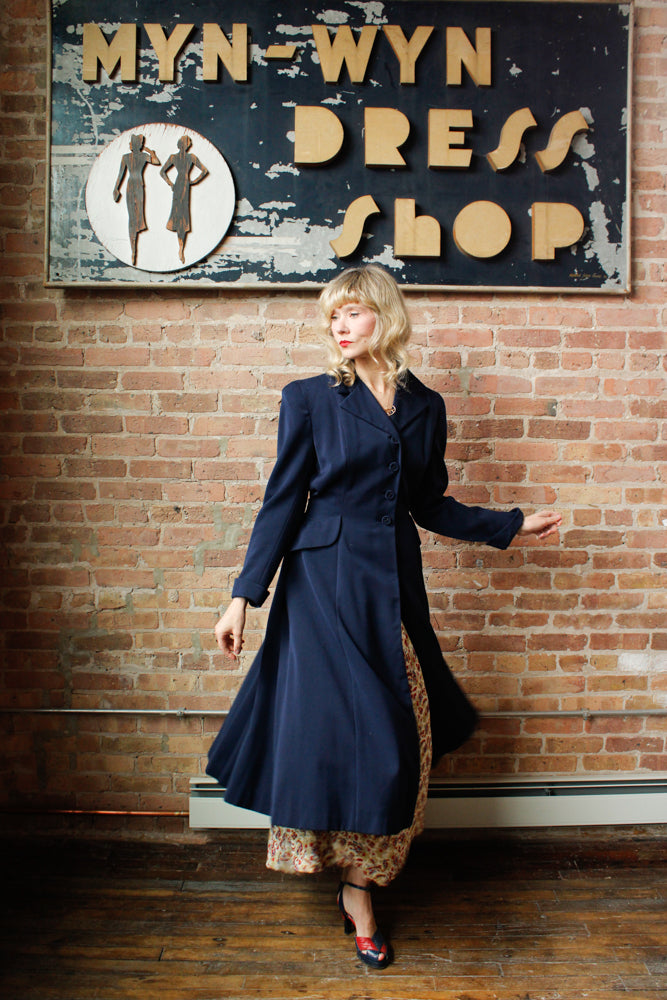 1940s Junior Deb Navy Gabardine Coat - S/M