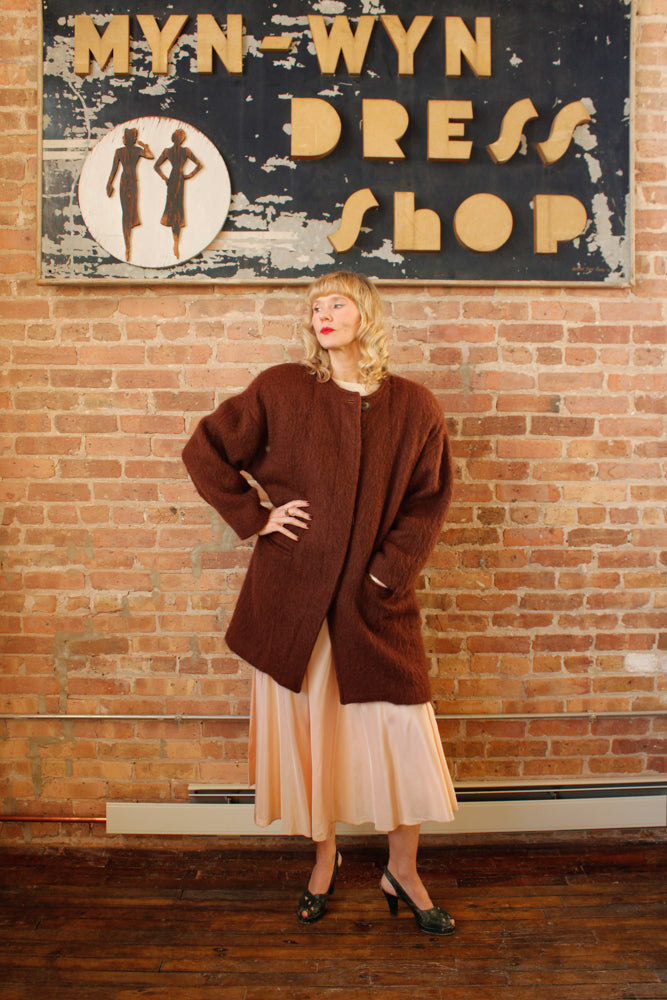 1990s Cocoa Brown Mohair Wool Coat - Medium to Large