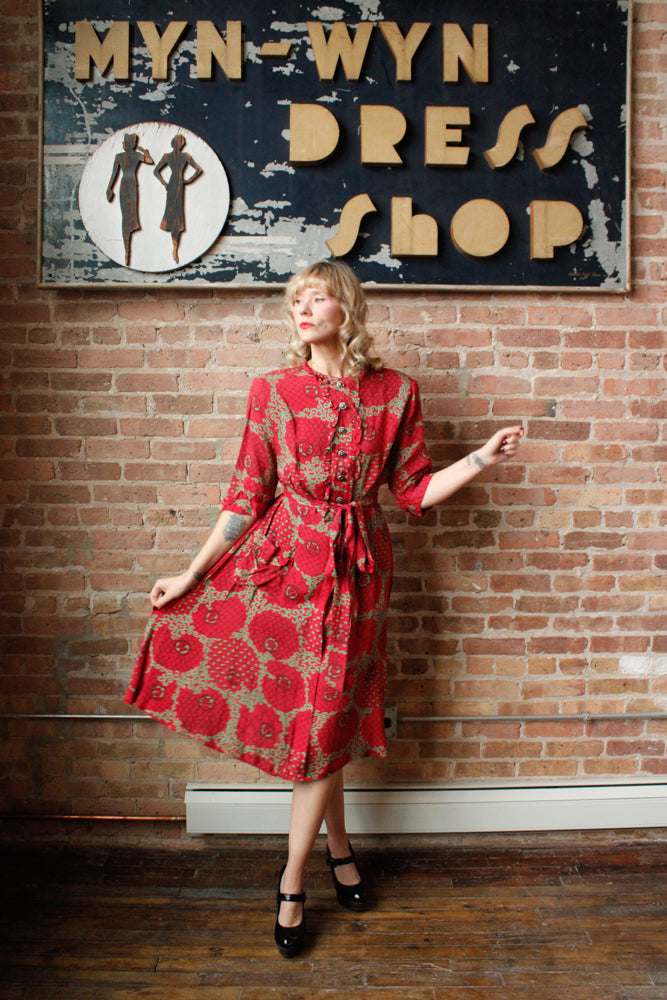 1940s Red & Green Cold Rayon Dress - Large