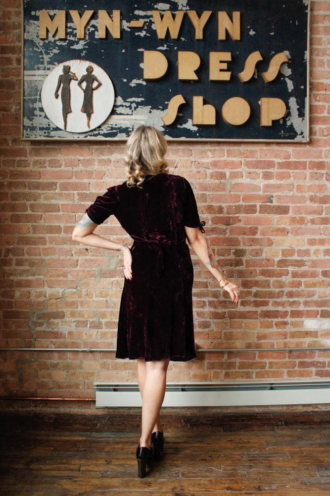 1930s Plum Silk Velvet Dress - S/M