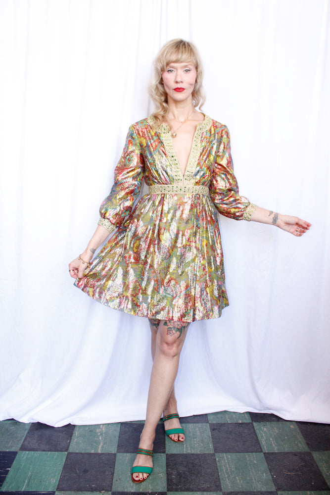 1960s Saks Fifth Ave Metallic Paisley Dress - Small