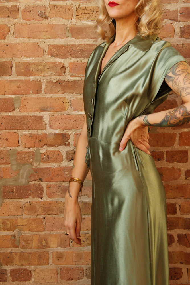 1940s Green Silk Satin Dress - S/M