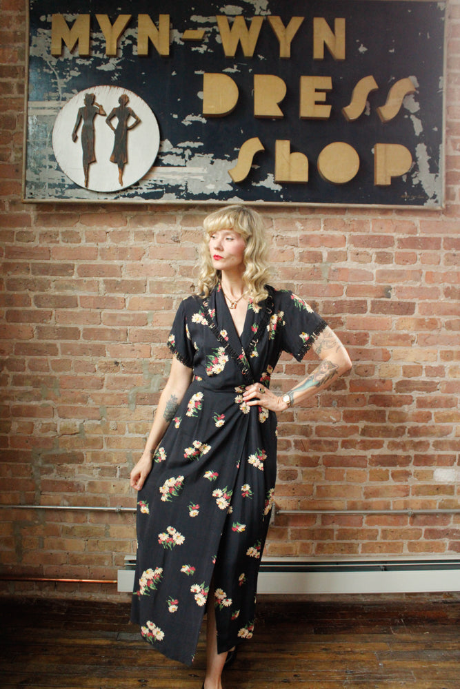 1940s Floral Rayon Wrap Dress - Small