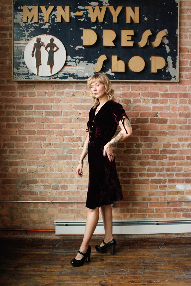 1930s Plum Silk Velvet Dress - S/M