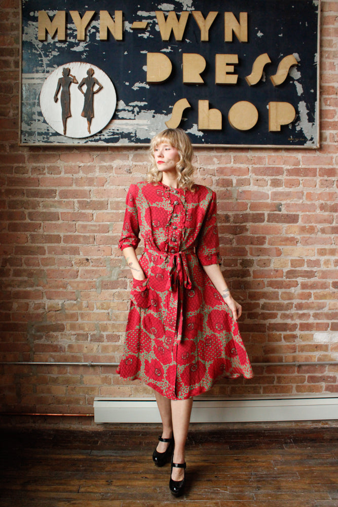 1940s Red & Green Cold Rayon Dress - Large