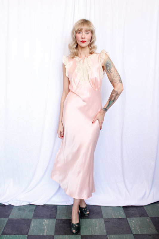 1930s Pink Silk Satin Negligee Gown - Medium