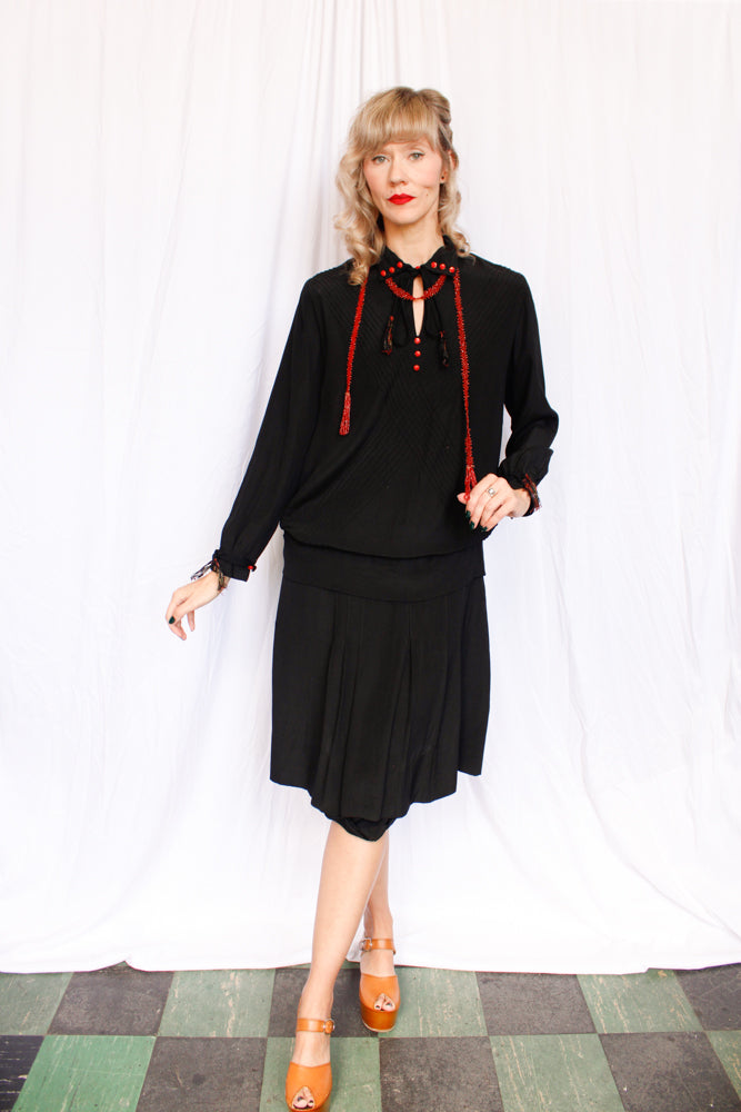 1920s Ada Black Silk Dress with Red Buttons - Medium