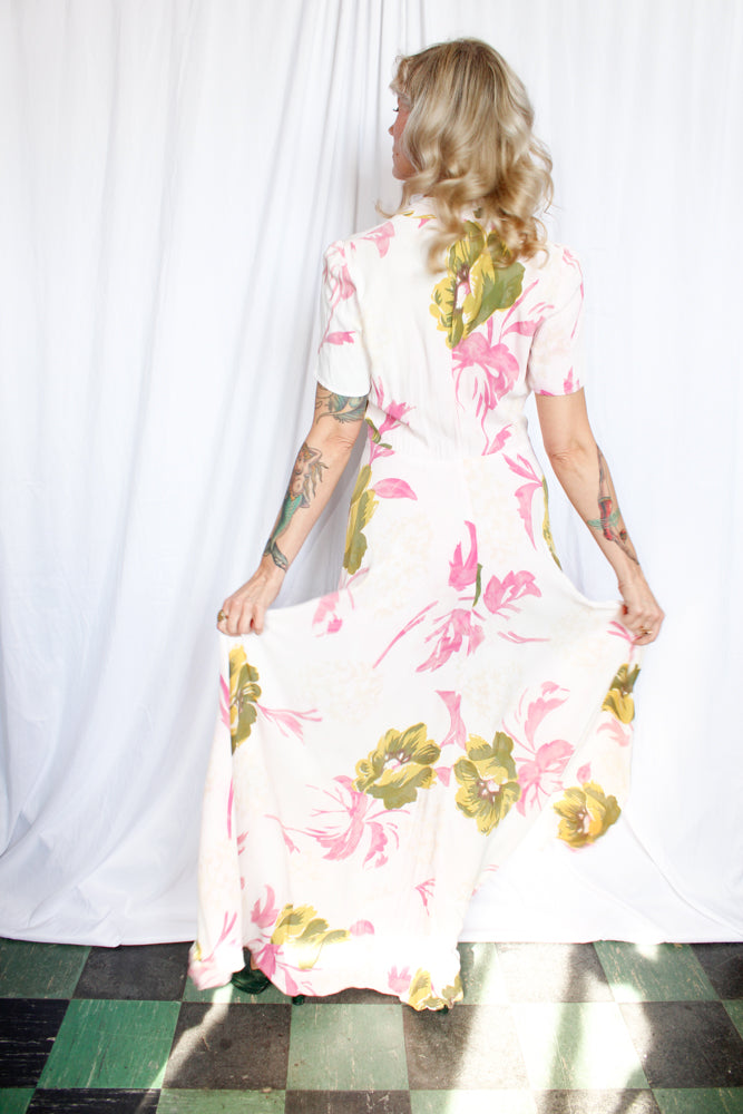 1930s Pink & Green Floral Rayon Gown - Medium