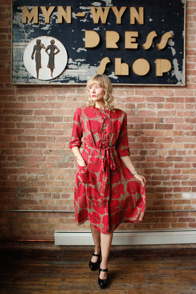 1940s Red & Green Cold Rayon Dress - Large