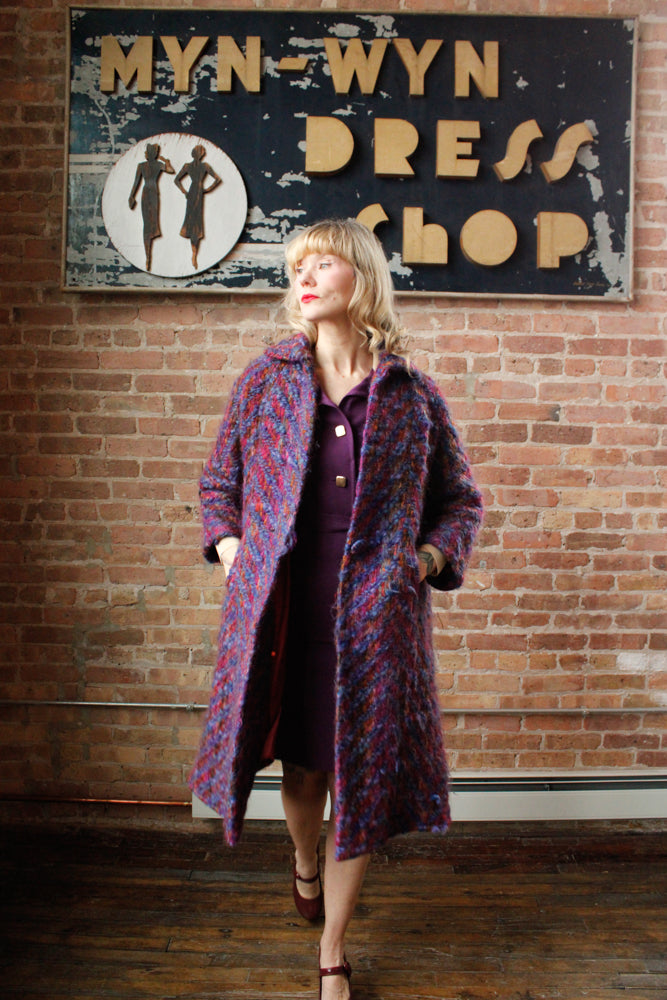 1960s Lilli Ann Colorful Knit Wool Coat - Large