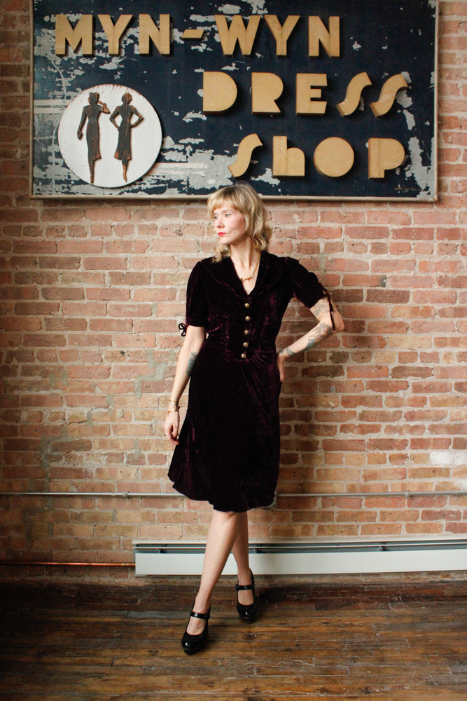 1930s Plum Silk Velvet Dress - S/M