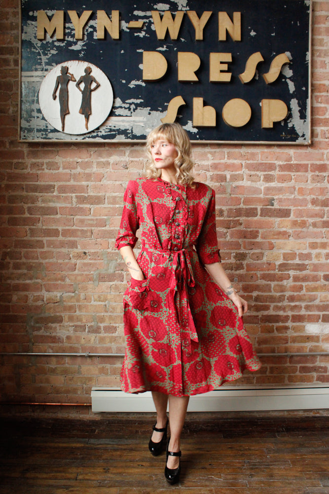 1940s Red & Green Cold Rayon Dress - Large