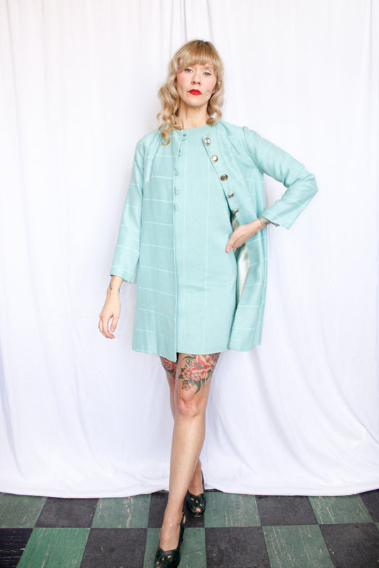 1960s Aqua Blue Silk Mini Dress & Jacket - Xsmall