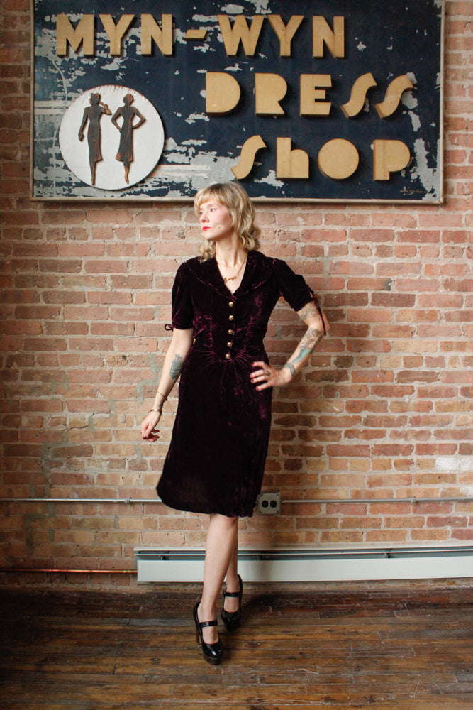 1930s Plum Silk Velvet Dress - S/M