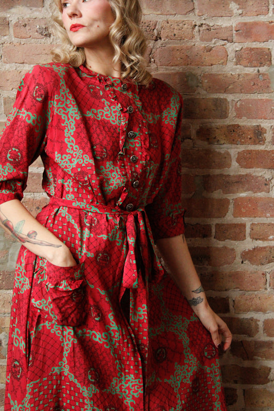 1940s Red & Green Cold Rayon Dress - Large