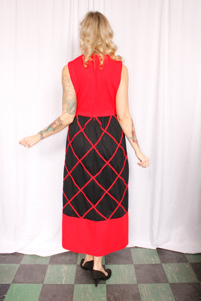 1960s Red & Black Diamond Pattern Maxi Dress - Small