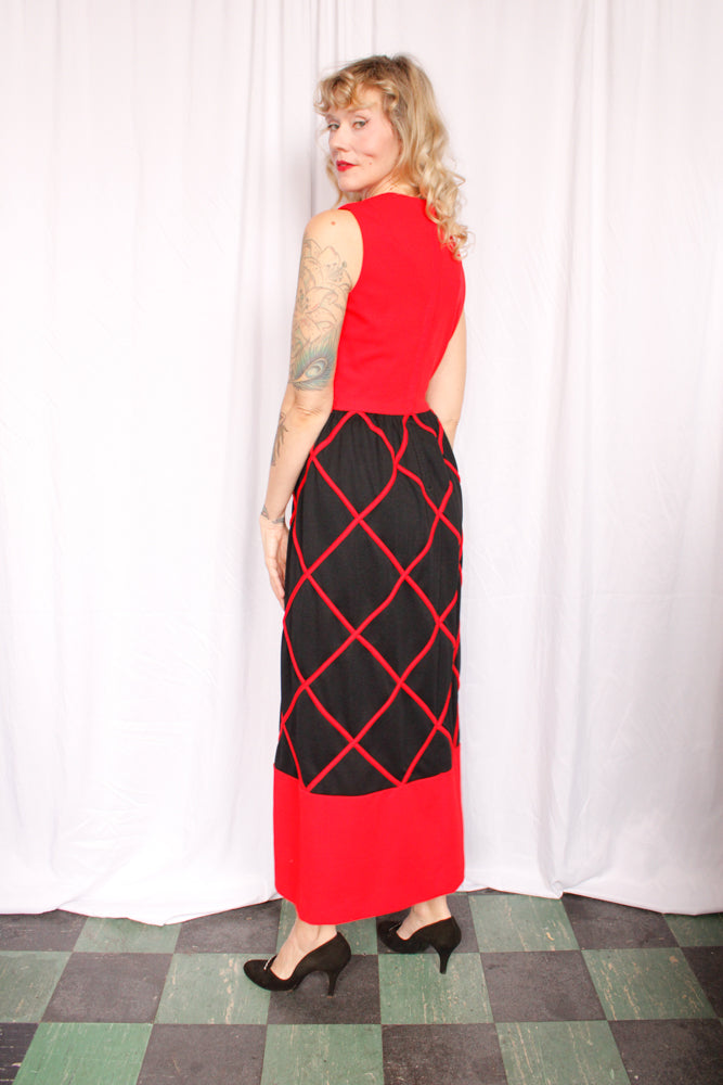 1960s Red & Black Diamond Pattern Maxi Dress - Small