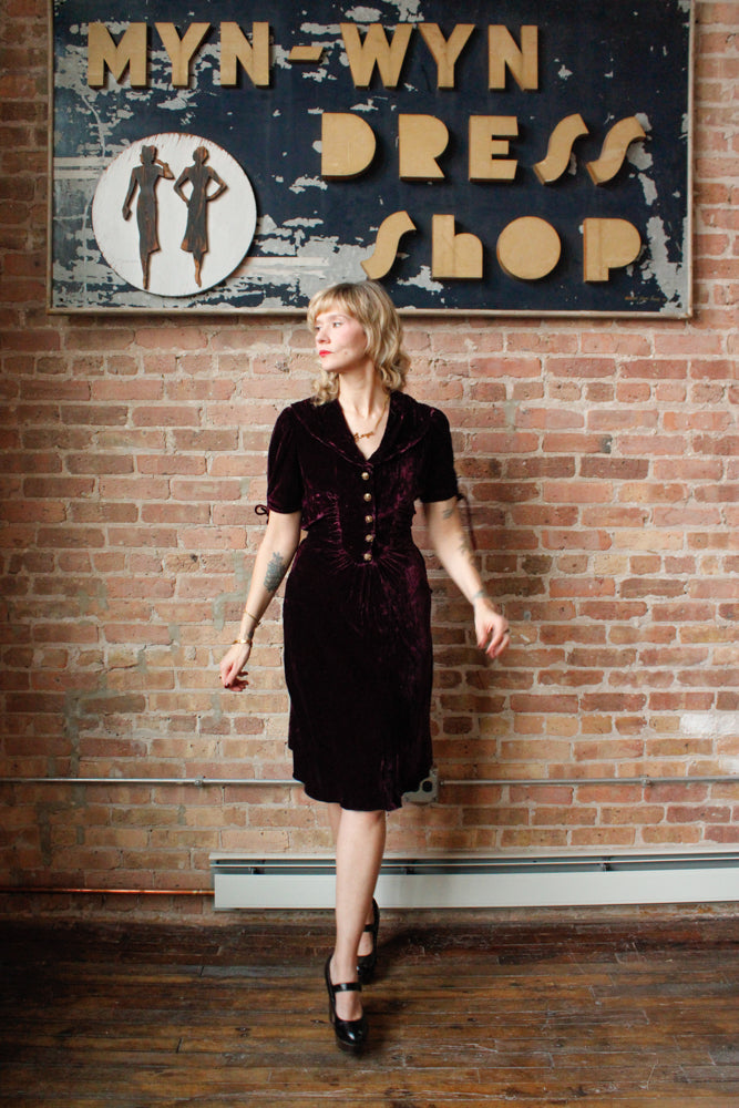 1930s Plum Silk Velvet Dress - S/M