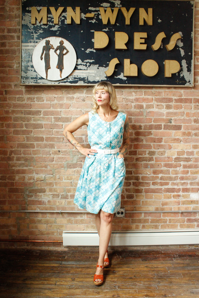 1960s Aqua Plaid Cotton Dress - Large