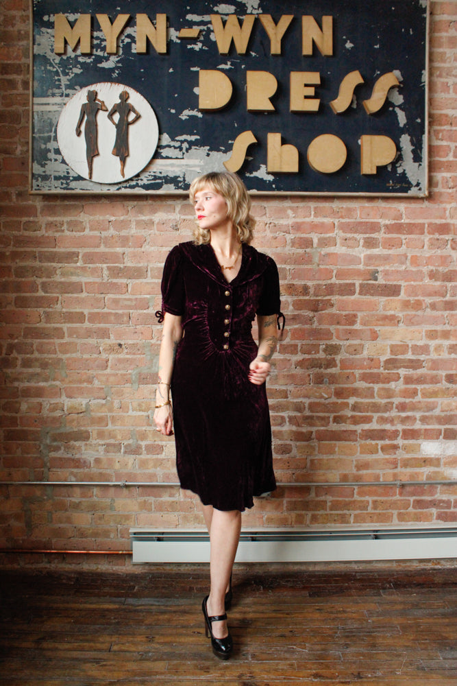 1930s Plum Silk Velvet Dress - S/M