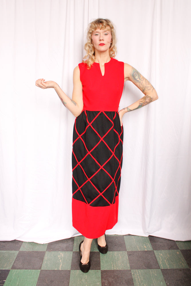 1960s Red & Black Diamond Pattern Maxi Dress - Small