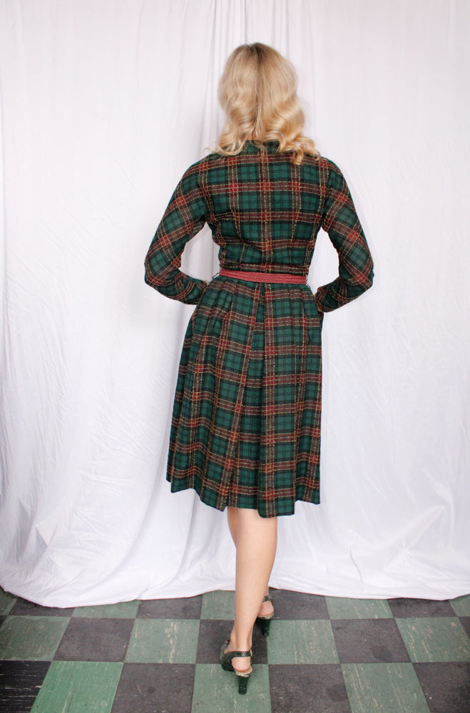 1950s Plaid Big Pocket Wool Dress - Xs/S