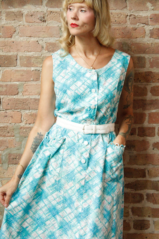 1960s Aqua Plaid Cotton Dress - Large