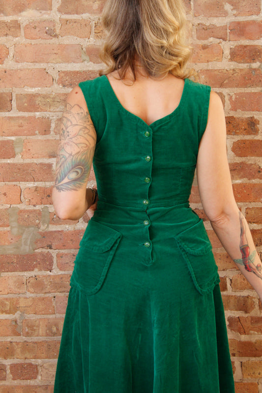 1950s Kelly Green Corduroy Dress - Small