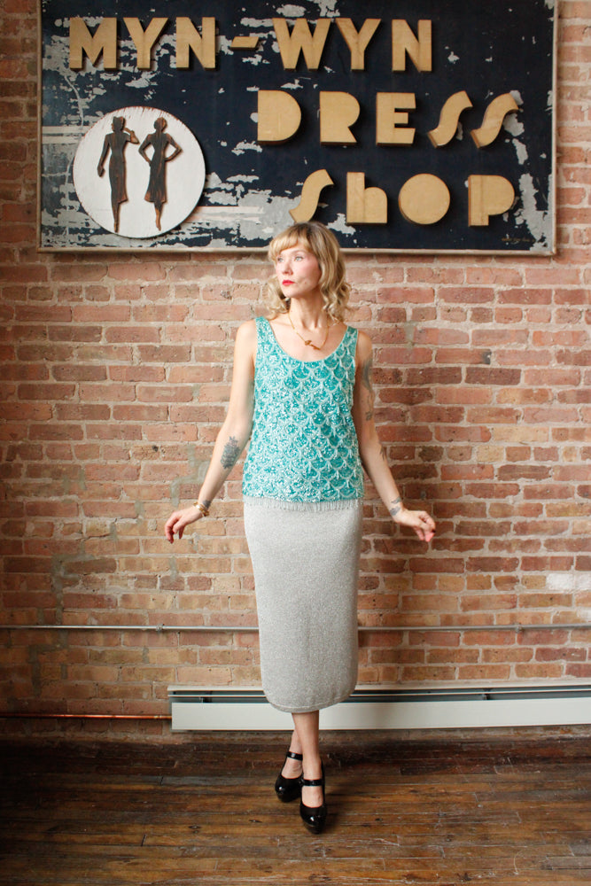1960s Mermaid Aquamarine Beaded Top - Medium
