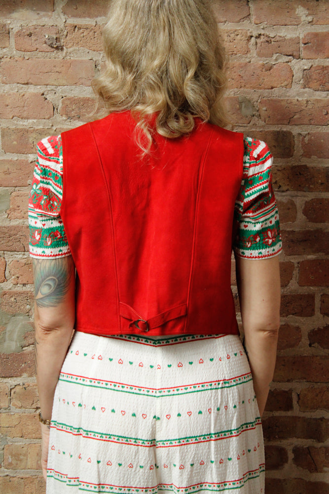 1930s Suede Leather Buckle Back Red Vest - S/M