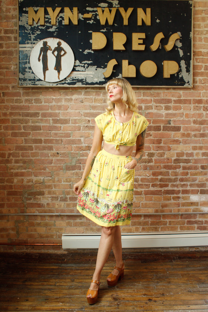 1940s Debby Lou Beach Scene Crop Top & Skirt Set - Xs/Small