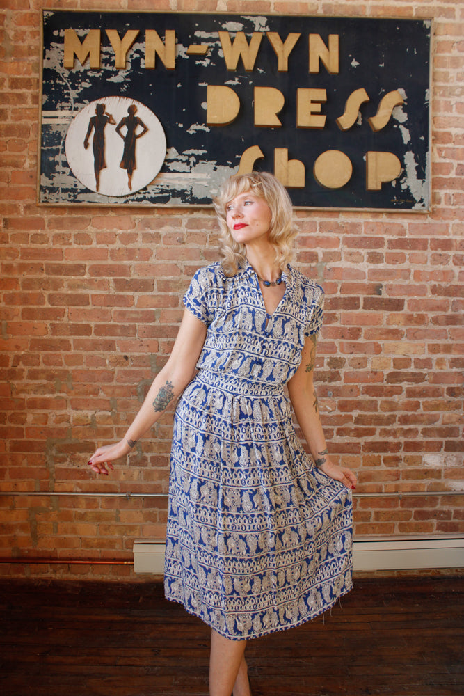 1940s Rayon India Novelty Print Dress - Small