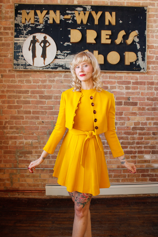 1960s Mam'Selle Yellow Wool Mini Dress & Jacket - Small (As IS)