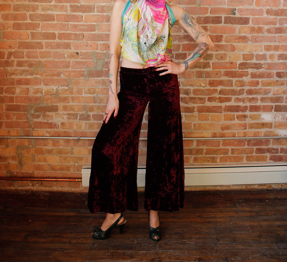 1960s Wide Leg Crushed Velvet Burgundy Pants - Small