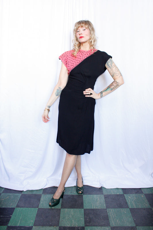 1940s Sequin Color Block Crepe Dress - S/M