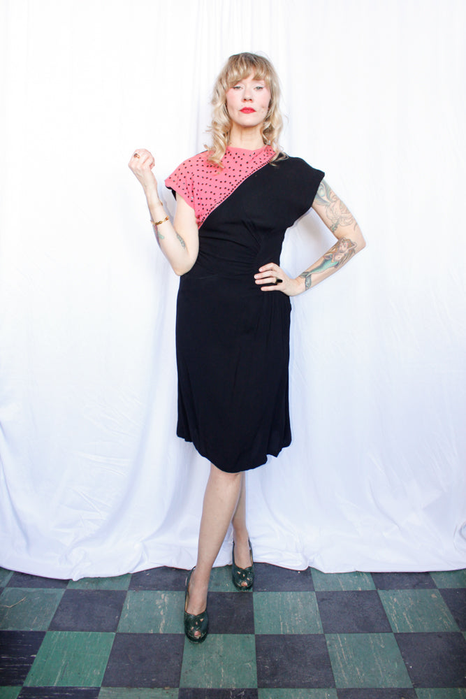 1940s Sequin Color Block Crepe Dress - S/M