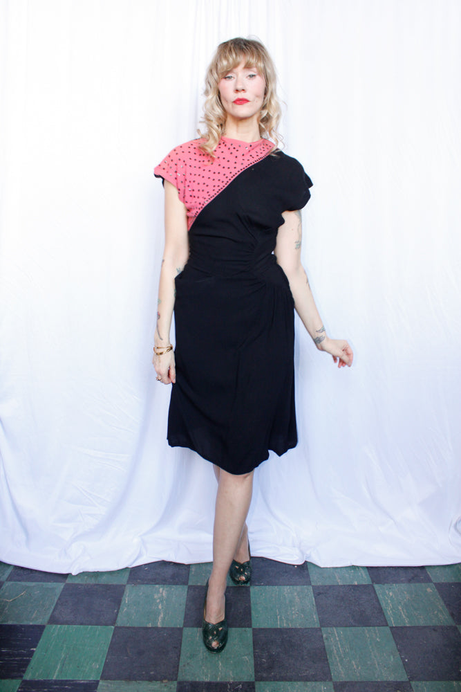 1940s Sequin Color Block Crepe Dress - S/M