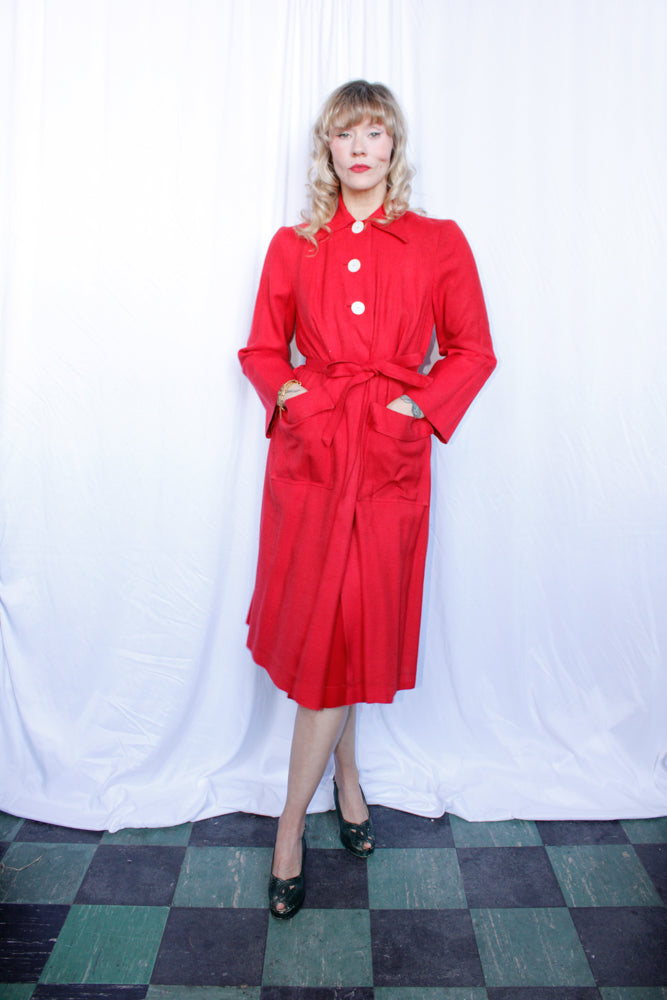 1950s Red Linen Swing Coat - L/XL