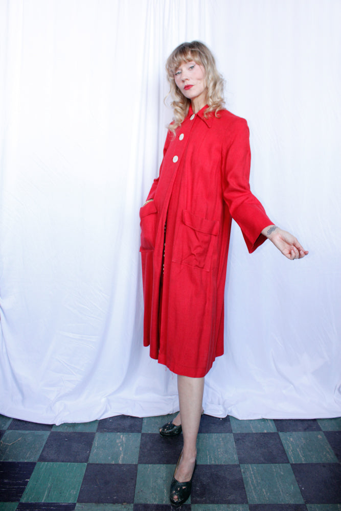 1950s Red Linen Swing Coat - L/XL