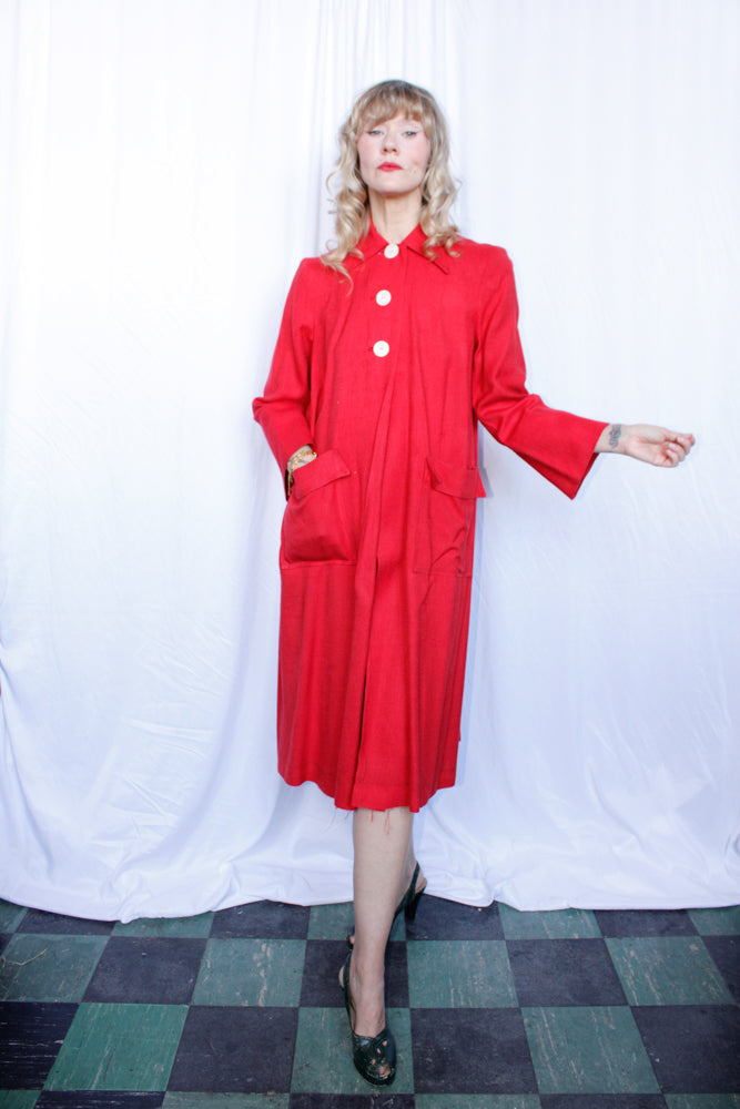 1950s Red Linen Swing Coat - L/XL