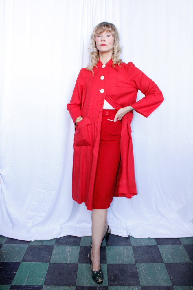 1950s Red Linen Swing Coat - L/XL