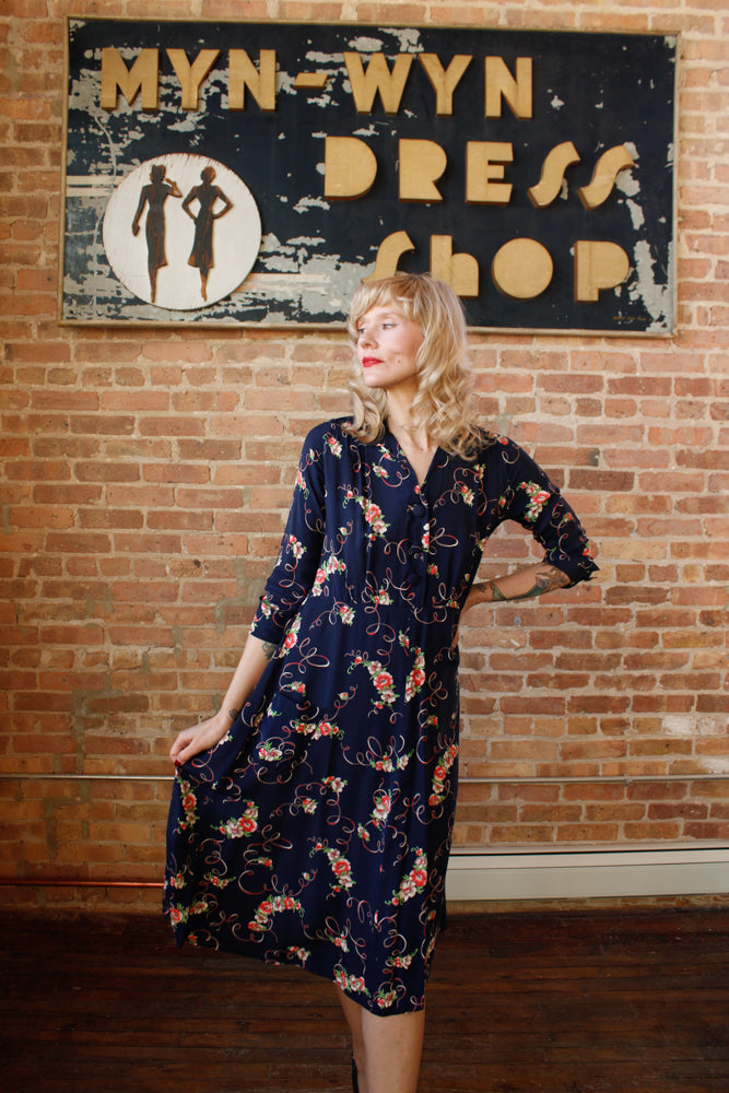 1940s Cold Rayon Floral Dress - Medium