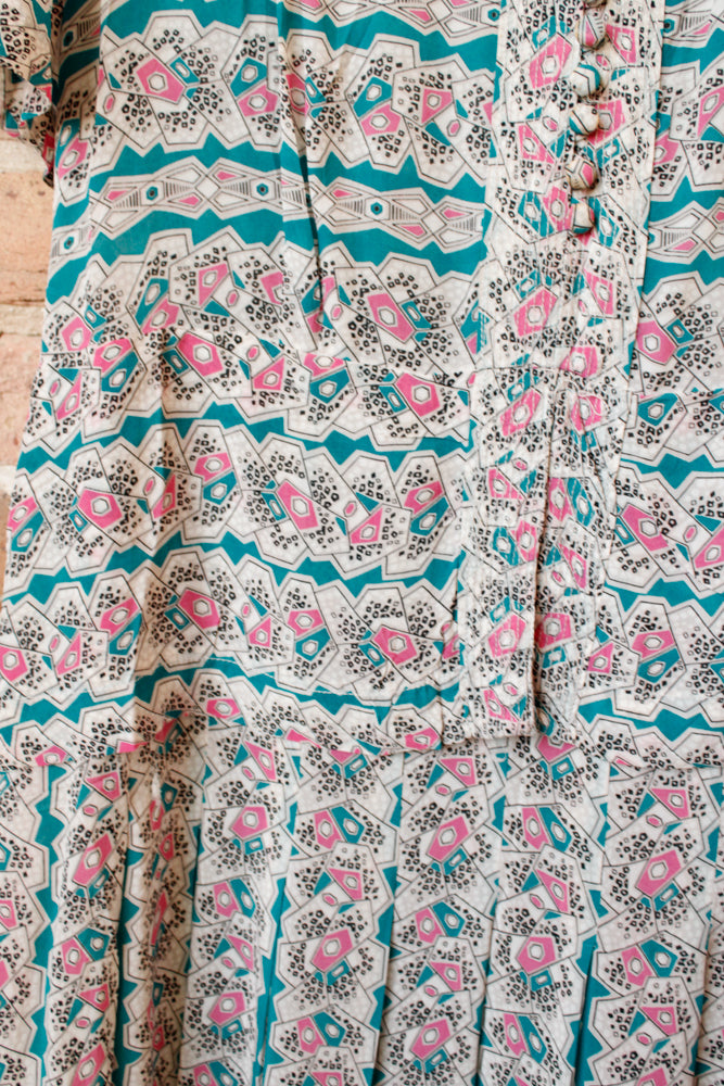 1940s Silk Forever Young Aqua and Pink Dress - XL