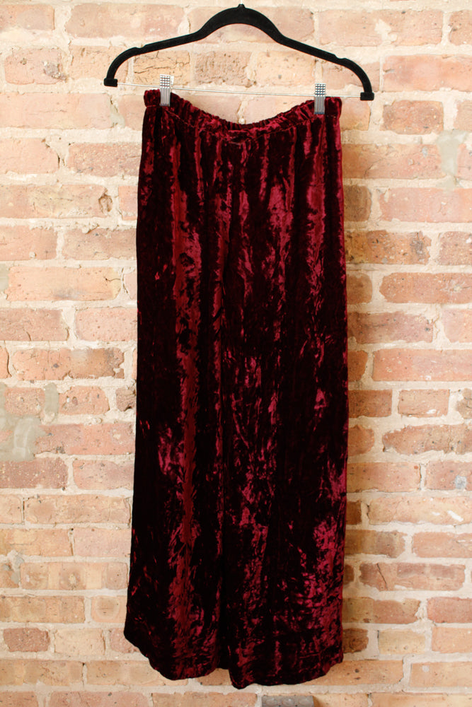 1960s Wide Leg Crushed Velvet Burgundy Pants - Small