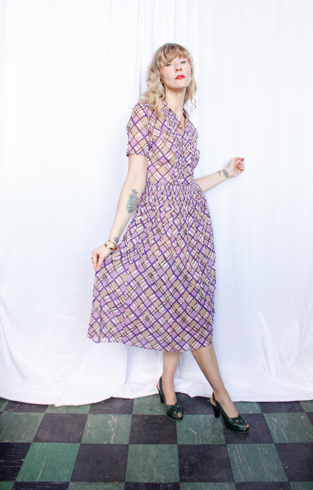 1940s Irene Dare Plaid Cotton dress - Small