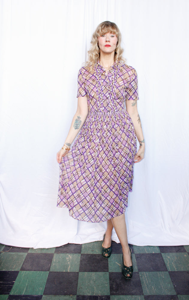 1940s Irene Dare Plaid Cotton dress - Small