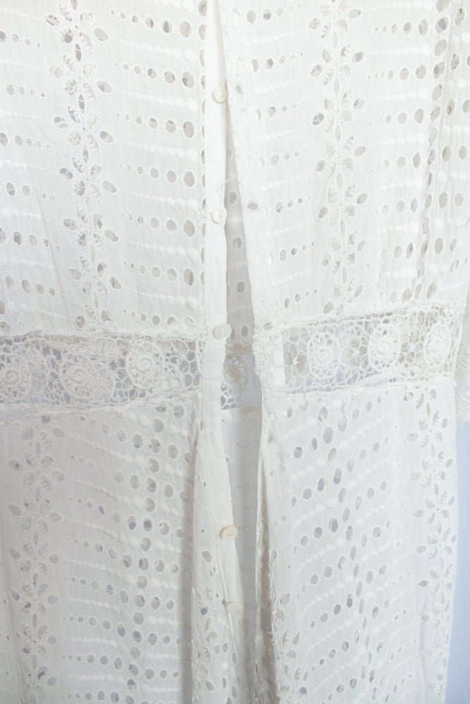 1900s Edwardian Eyelet Cotton Gown - Small