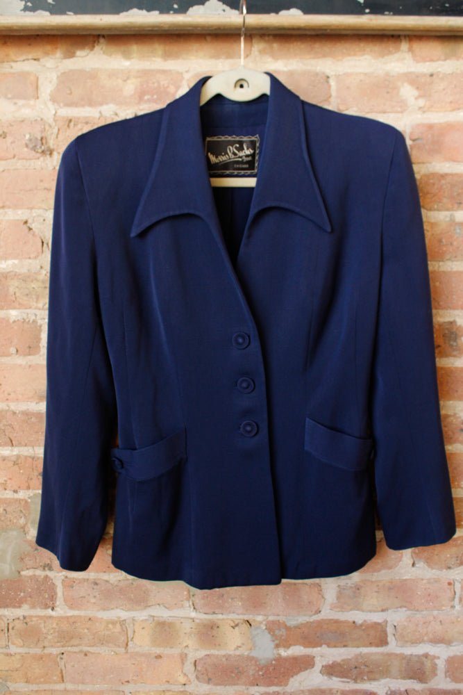 1940s Sapphire Blue Gabardine Wool Jacket - Medium