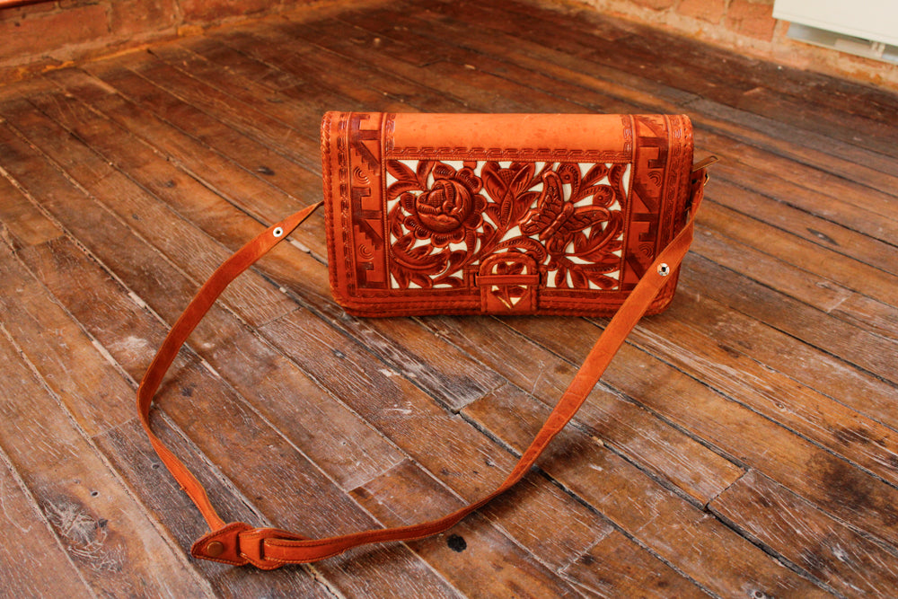 1940s Mexican Floral and Butterfly Tooled Leather Purse