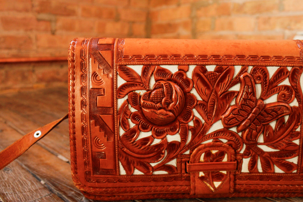 1940s Mexican Floral and Butterfly Tooled Leather Purse